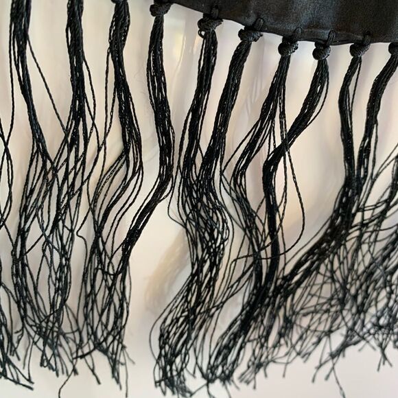 Vintage black silk satin Asian characters fringed scarf - Picture 6 of 11